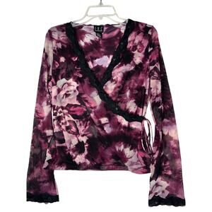 INC lace trimmed dark burgundy floral wrap top, size L, EUC